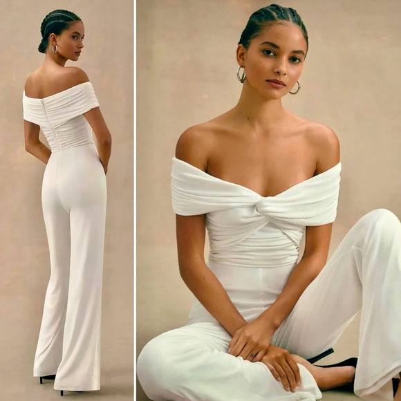 MISHA Alisa Slinky Off Shoulder Wide Leg Twist Jumpsuit in Ivory Ailsa Medium M - Picture 2 of 11